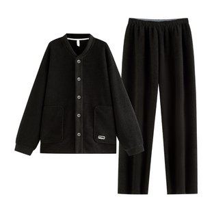 悦内睡衣男士冬季秋冬款法兰绒加绒加厚珊瑚绒家居服冬天保暖黑色