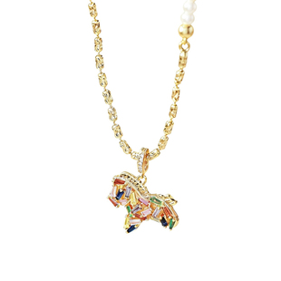 马年彩色小马吊坠珍珠项链女轻奢高级感秋冬毛衣链珐琅本命年配饰