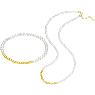 六桂福珠宝蹦迪珠黄金色纯银手链女淡水珍珠项链新年礼物