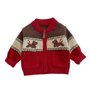 男童冬款新年红色毛衣外套女宝宝卡通保暖针织衫婴儿加绒加厚上衣