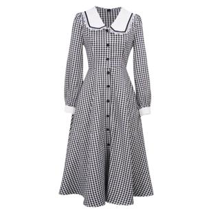 JUJU定制早秋季连衣裙女新款法式娃娃领长袖黑白格子衬衫长裙春秋