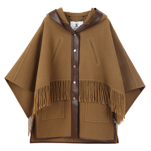 NancyCavally美拉德风80支荃羊毛  假两件拼皮流苏双面呢斗篷外套