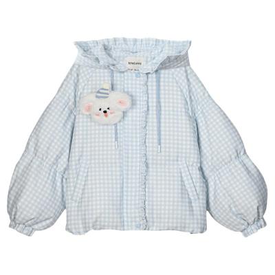 森女部落原创少女90%绒子白鸭绒格子服羽绒服连帽外套花边保暖