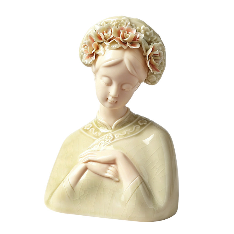 【非遗瓷花】陶瓷簪花女摆件礼品