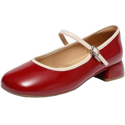 百丽女鞋子粗跟红色玛丽珍鞋