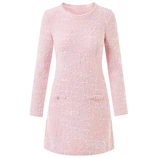 莱茵福莱尔2025春秋新款粉色圆领提花针织连衣裙修身A字裙子