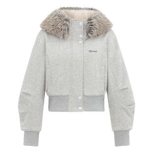 Three Quarters 女士灰色毛绒内里弯刀袖型连帽加厚卫衣 301355