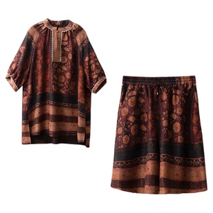 SILVIYE/溯也香云纱红云纱提花套装女100%桑蚕丝真丝国风两件套夏