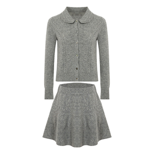 DUCHUNZI  冬绒少女 全羊毛绞花开衫半裙套装复古纯色新年长袖