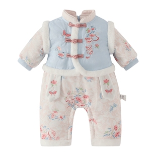 [抗菌]婴儿冬季连体衣女宝宝夹棉哈衣国风加厚拜年爬服新生儿冬装