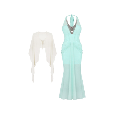 安妮不火 盐砂吻浪度假风挂脖网纱礼服裙女夏新款微胖大码收腰裙