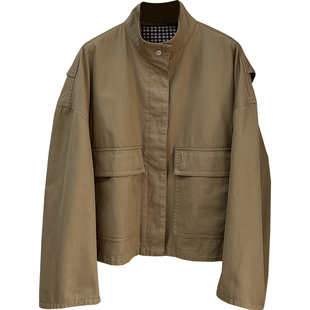 ED长绒棉双面穿日系工装风立领短款风衣宽松双口袋时尚小个子外套