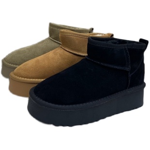 2024处理秋冬断码真皮女鞋雪地靴松糕底厚底短靴保暖圆头磨砂女靴