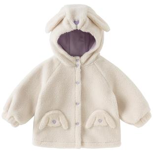 戴维贝拉女童摇粒绒厚外套新款儿童兔耳朵连帽衣服女孩可爱冬装