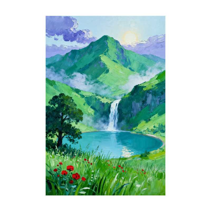 可班纯手绘油画青山碧潭玄关壁画