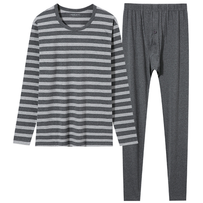 男纯棉条纹秋衣秋裤保暖内衣套装