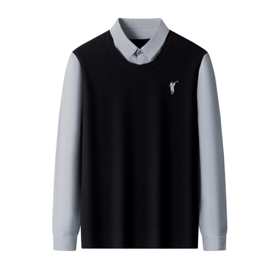 罗蒙秋冬纯棉假两件刺绣针织衫男