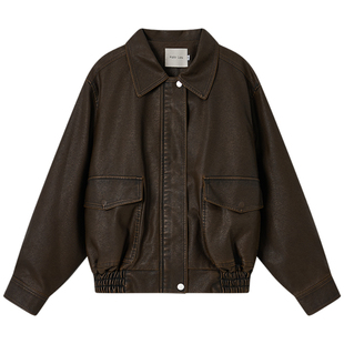 Halo Luu美拉德复古棕色皮衣外套女春季2026新款高级感机车皮夹克