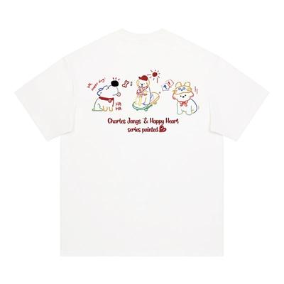 查尔斯桃心 卡通宠物狗印花纯棉短袖t恤男女2025新款美式夏季情侣