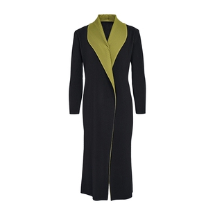 马天奴秋冬拼色翻领长款压褶肌理感外套简约坠感外搭风衣时尚气质