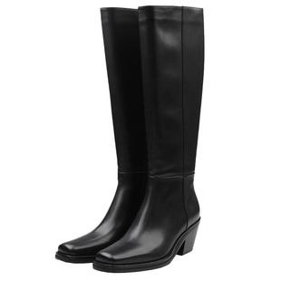 CALVINLUO 24新品 女式黑色方头高筒牛仔靴