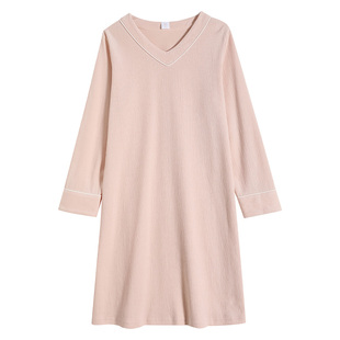 耶蒂睡裙女款春秋纯棉针织提花V领可爱长袖睡衣秋冬家居服连衣裙