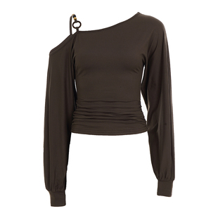 FUNOFF美式复古棕色斜肩串珠灯笼长袖T恤2025秋冬露肩收腰上衣女