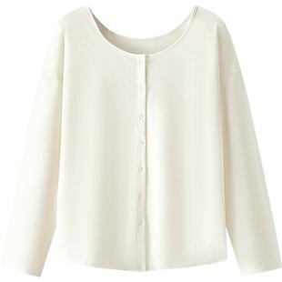 森马长袖T恤女U领纯色开衫简约气质2025新款夏季宽松落肩衣服温柔