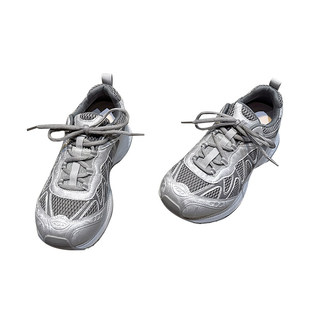 2025秋季新款网面运动鞋女银色透气厚底真皮德训鞋休闲百搭老爹鞋