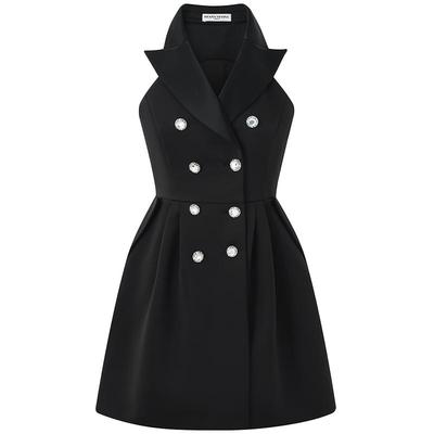 DIANAVEVINA2025秋季新款西装领收腰礼服裙无袖蓬蓬连衣裙