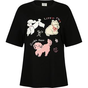 GUUKA潮牌黑色小狗刺绣短袖男生T恤夏新款半袖重磅纯棉上衣女宽松