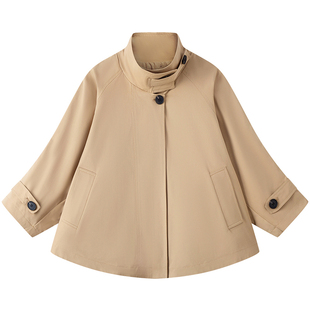 OPCP儿童风衣秋冬新款女童立领斗篷廓形短款大衣男童极简风外套