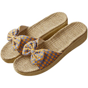 高跟蝴蝶结亚麻拖鞋女夏季家居室内厚底防滑家用坡跟凉拖鞋可外穿