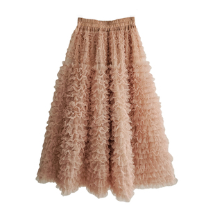 韩系公主甜美风网纱蛋糕裙褶皱层叠多层次感半身裙蓬蓬裙仙女长裙