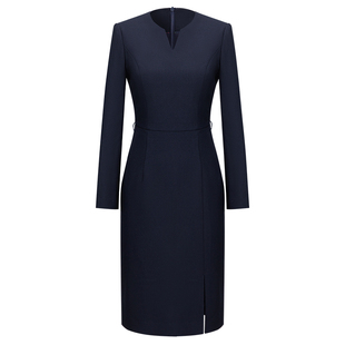 2026早秋款藏青色长袖连衣裙女轻奢高级感高端大气上档次修身显瘦