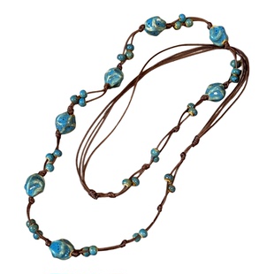 新中式国风蓝色陶瓷串珠项链女复古民族风大气高档长款毛衣链配饰