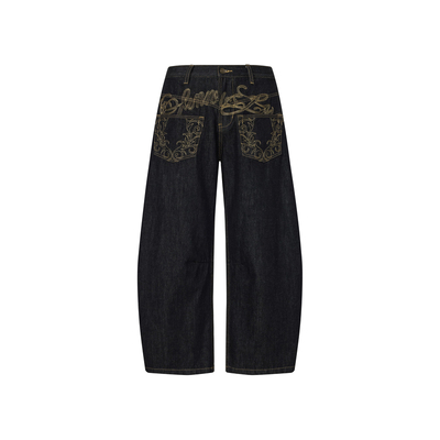 98SQUID 美式高街vibe反穿刺绣弯刀牛仔裤男女宽松设计感阔腿长裤