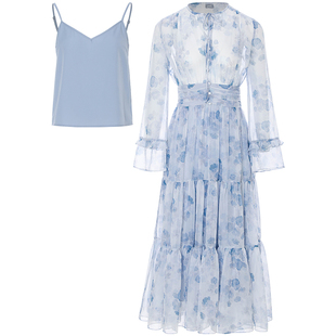 从那以后法式碎花连衣裙春长袖长款长裙仙女裙夏蓝色小裙子女夏日