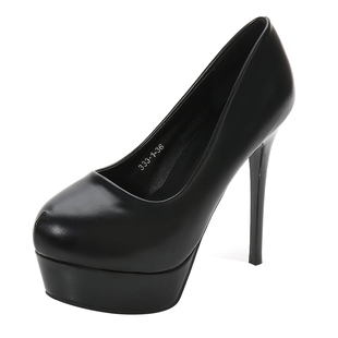 13cm夜场细跟防水台黑色少女圆头公主职业单鞋女2023早春超高跟鞋