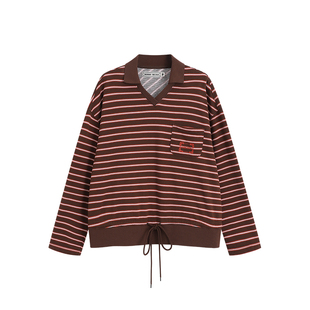 Bobbybecky美式复古撞色条纹V领刺绣罗纹抽绳宽松翻领长袖T恤