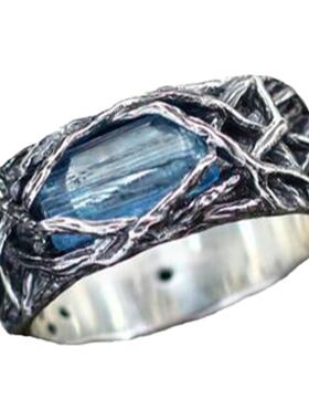 氧化纯银雕刻树枝海蓝宝石戒指