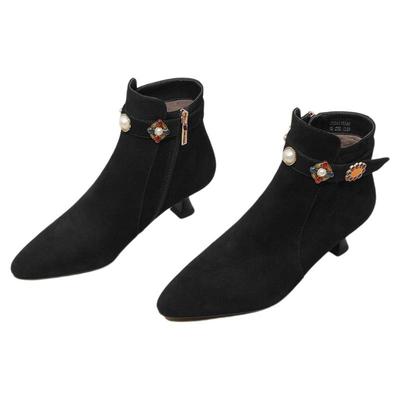 星期六2025冬季新款细跟绒面时装短靴尖头不累脚复古高跟通勤女鞋