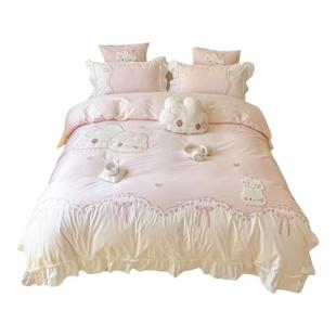 少女全棉磨毛奶油兔子刺绣四件套儿童可爱被套公主风纯棉床单床品