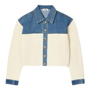 SANDRO春夏女装法式舒适撞色拼接牛仔衬衫翻领长袖直筒短款外套