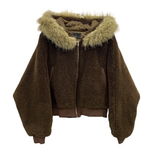 韩系秋冬新款复古格纹宽松显瘦高腰加绒阔腿裤搭连帽毛毛上衣套装