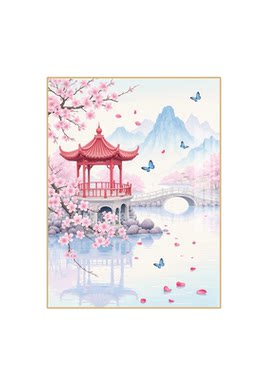 古风桃花风景亭台楼阁手工钻石画