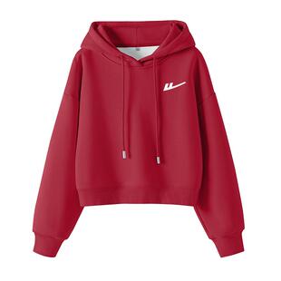 回力红色加绒卫衣女2026新款秋冬保暖百搭连帽小个子短款外套上衣