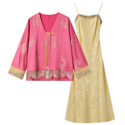 中式国风复古感亮色外套长裙套装