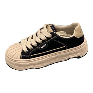 真皮板鞋女2026年春季新款百搭厚底小白鞋女系带时尚贝壳头鞋子潮