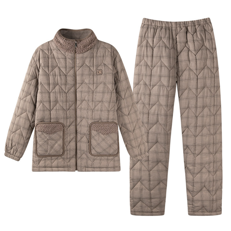 芬腾睡衣男士冬季珊瑚绒三层加厚羽绒夹棉袄秋冬款超厚保暖家居服